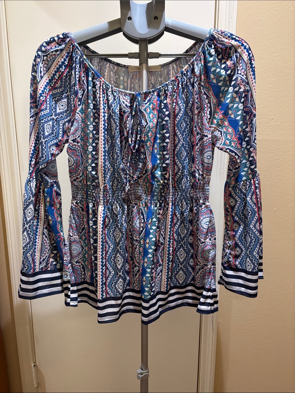 Boston Proper Navy and White Patterned Off-Shoulder Peasant Tunic
